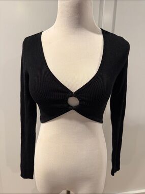 Garage Black Ribbed Long Sleeve Crop Top with Center Ring
